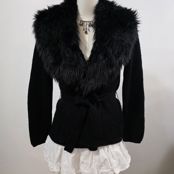 Guess Los Angeles dark black vintage wool faux fur wrap cardigan with tie - Picture 3 of 7